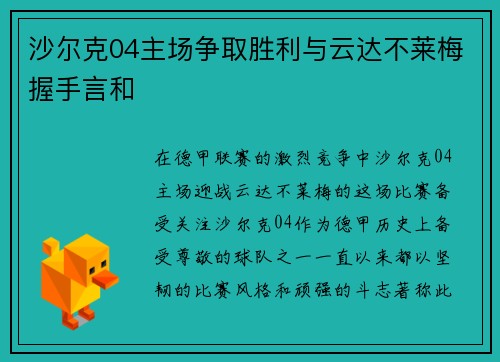 沙尔克04主场争取胜利与云达不莱梅握手言和