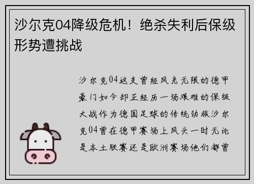 沙尔克04降级危机！绝杀失利后保级形势遭挑战
