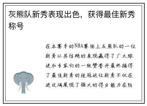 灰熊队新秀表现出色，获得最佳新秀称号