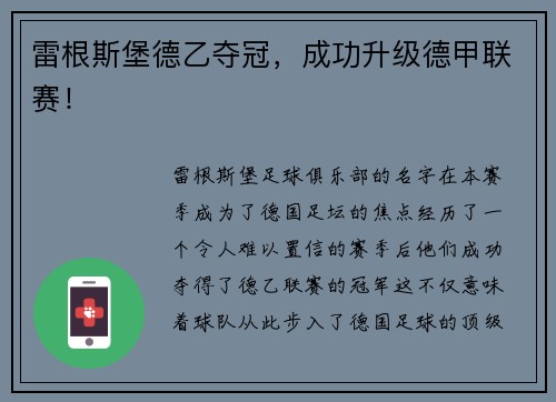 雷根斯堡德乙夺冠，成功升级德甲联赛！